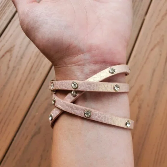 Pastel Pink Faux Leather Wrap Bracelet Rhinestones Glam Party Casual Boho Preppy - Picture 3 of 7